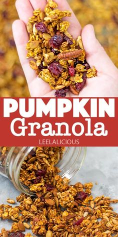 pumpkin granola with cranberries and pecans in the background is a hand full of granola