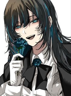 an anime character with long black hair and blue eyes, holding a flower in her hand