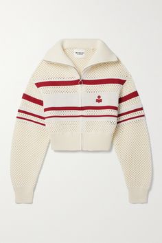 Marant Étoile's 'Alec' sweater is intarsia-knitted with sporty stripes and the label's logo across the back. Blended with plenty of cotton and wool, it has an open construction, ribbed trims and a slightly cropped hem. Sporty White Long Sleeve Cardigan, White Jacquard Knit Fitted Sweater, White Fitted Jacquard Knit Sweater, White Pointelle Knit Outerwear, White Wool Knitted Tops, White Knitted Wool Tops, Open Knit Sweater, 가을 패션, Stage Outfits