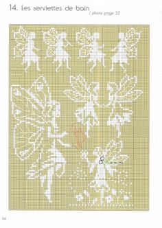 a cross stitch pattern with angels and flowers on yellow paper, as well as an orange heart