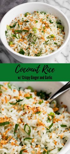 coconut rice with crispy ginger and garlic in a white bowl