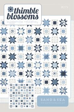 the book cover for thimble blossoms, featuring blue and white quilting patterns