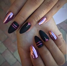 Pink Chrome And Black Nails, Black Nails With Pink Chrome, Black And Pink Chrome Nails, Chrome Cat Eye Nails, Purple Chrome Nails Design, Purple Nails Inspiration, Easter Nail Ideas, Black Chrome Nails, Pink Holographic Nails