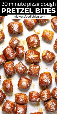 some food that is sitting on top of a white surface with the words 30 minute pizza dough pretzel bites