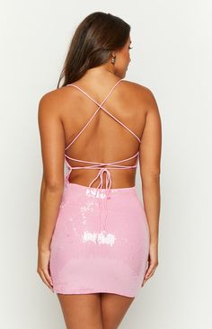 Tao Pink Sequin Lace Up Mini Dress – Beginning Boutique US Hoco Ideas, Cute Shoulder Bag, Simple Jewellery, Prom Midi Dress, Summer Playsuit, Lace Up Dress, At A Party, Body Con Dress, Beginning Boutique