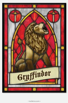 a stained glass window with a lion on it's face and the words gryffindor