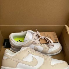 Cream Dunks, Brand New Tan Nikes, Cream Nike Dunks, Cream Dunks, Shoes Cream, Black And White Nikes, All Nike Shoes, Nike Air Max Thea, Cream Shoes, Nike Air Force Ones