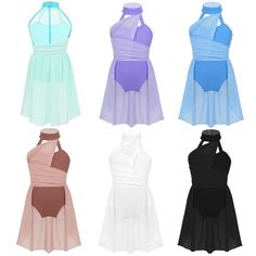 four different colored dresses with halters on them