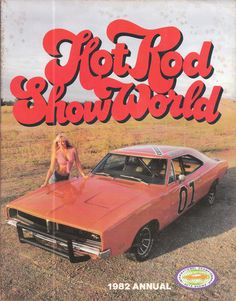 an advertisement for a car show featuring a woman sitting on the hood of a muscle car