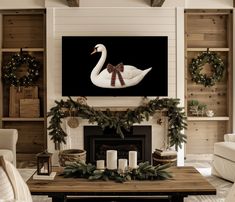 a living room filled with furniture and a fire place covered in christmas wreaths next to a fireplace