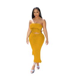 Sexy Bandeau Backless Lace-up Backless Top Tassel Knitting Suit yellow-S Drawstring Sleeve, Knitted Midi Dress, Strapless Crop Top, Backless Crop Top, 2 Piece Skirt Set, Beach Wear Outfits, Long Skirts For Women, Summer Lace, Backless Top