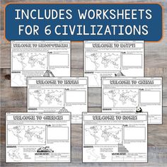 six worksheets for civil history with the text, including an image of a map and