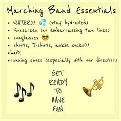 a note with notes about marching band essentials