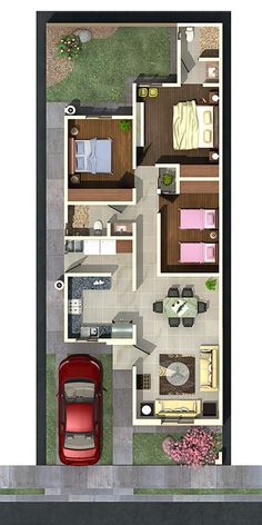 an overhead view of a small house with a car parked in the driveway and two beds on each floor