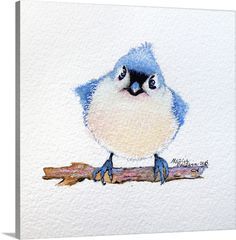 a watercolor painting of a blue bird sitting on a branch with its eyes open