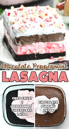 Candy Cane Lasagna starts with the Oreo crust, followed with candy cane peppermint cheesecake, chocolate pudding and whipped topping, plus crushed candy canes on top for extra peppermint flavour and festive look. Hot Chocolate Lasagna Dessert Recipe, Chocolate Peppermint Layered Dessert, Chocolate Peppermint Lasagna, Christmas Desserts Peppermint, New Years Food Ideas, Dessert Lasagnas, December Desserts, Lasagna Dessert, Christmas Dessert Ideas