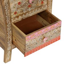 a wooden toy chest with an open drawer