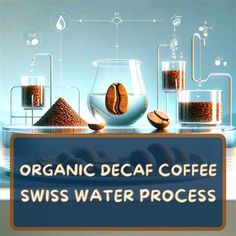 organic decaf coffee swiss water process is shown in this graphic above it are three glass containers filled with coffee beans, and the words organic decaf