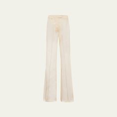 Prada semi-sheer organza pants Full length High rise Flare legs Tab/zip fly; belt loops Silk Dry clean, professional cleaning recommended Made in Italy High Waist Fitted Sheer Pants, Sheer Trousers For Spring, Sheer Trousers Bottoms For Spring, Silk Wide Leg Bottoms With Belt Loops, High-waist Silk Pants For Spring, Sheer High Waist Pants For Spring, High Waist Silk Pants For Spring, Fitted Sheer Pants For Evening, Sheer Fitted Evening Pants