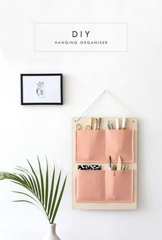 a pink organizer hanging on the wall next to a potted plant