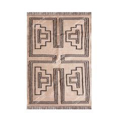 a beige rug with black and white designs on the front, two squares are in the middle