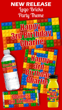 lego birthday party package with water bottle and candy wrappers