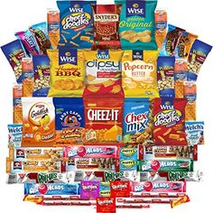 a large assortment of snacks and chips