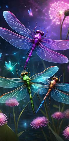 three dragonflys are flying in the night sky