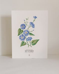 a greeting card with blue flowers and green leaves on the front, set against a white background