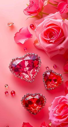 pink roses and two heart shaped jewels on a pink background