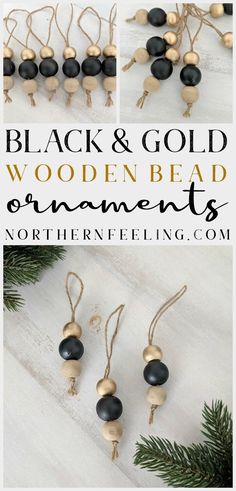 black and gold wood bead ornaments with text overlay