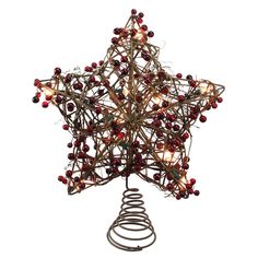 a star shaped christmas tree with lights on it's branches and berries hanging from the top