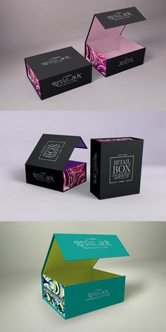 three boxes with different colors and designs on them