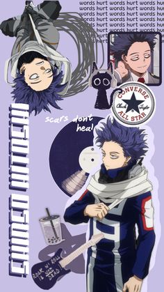 an anime character with blue hair and other characters around him, including the words that spell out