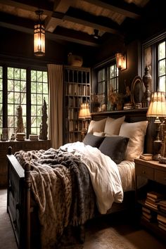 Warm and dark rustic bedroom with wooden beams, bookshelf, cozy bedding, and antique lighting fixtures. Rustic Cozy Bedroom Aesthetic, Rustic Dark Academia House, Dark And Dramatic Bedroom, Rustic Dark Bedroom, Moody Bedroom With Fireplace, Cabin Vibes Bedroom, Warm Guest Bedroom, Moody Rustic Bedroom, Warm Moody Bedroom