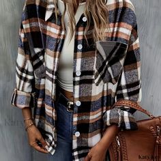 Katykey - Classic Plaid Button-Front Shirt with Front Pocket, Stylish Long Sleeve Top Ideal for Spring & Fall, Womens Fashion Cute Flannels, Fall Womens Fashion, Flannel Women, Plaid Blouse, Button Front Shirt, Women's Casual, Shirt Sleeves, Long Sleeve Top, Front Pocket