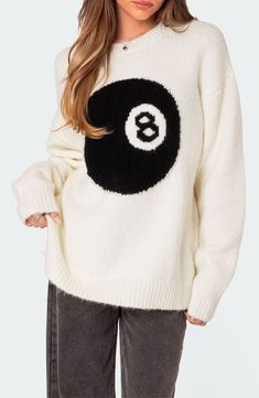 Always feel lucky in this supersoft cotton-blend sweater showcasing an eight ball on the front. Crewneck Long sleeves 50% cotton, 50% polyester Machine wash, dry flat Imported Oversized Chunky Knit Sweater, Cozy Oversized Sweaters, Oversized Sweater Women, Sweater Chunky, Pull Oversize, Chunky Knit Sweater, Chunky Knits Sweater, Inspiration Mode, Oversized Sweater