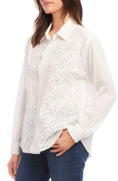 Tonal embroidery highlights the paisley eyelets of this button-up that pairs with so much in your closet, from casual to more styled-up. 26" length (size Medium) Front button closure Spread collar Long sleeves with button cuffs 100% cotton Dry clean or machine wash, line dry Made in the USA of imported fabric Long Sleeve Broderie Anglaise Blouse In Relaxed Fit, Long Sleeve Blouse With Broderie Anglaise In Relaxed Fit, Long Sleeve Broderie Anglaise Blouse With Relaxed Fit, Elegant Long Sleeve Cutwork Top, Casual Collared Tops With Broderie Anglaise, Daywear Eyelet Button-up Top, Casual Collared Blouse With Broderie Anglaise, Casual Collared Broderie Anglaise Blouse, Spring Cotton Tops With Cutwork