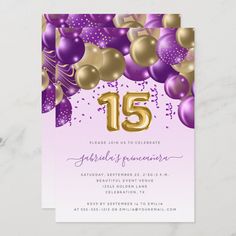 purple and gold balloons birthday party card with the number eight on it's front