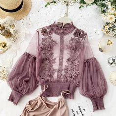 Lace Lanterns, Floral Blouses, Tulle Top, Lantern Sleeved Blouses, Mesh Tops, Pattern Dress Women, Shirts Women Fashion, Puff Long Sleeves, Tops Fashion