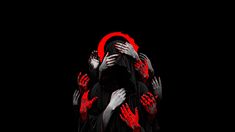 a group of people with hands covering their faces in front of a red circle on black background