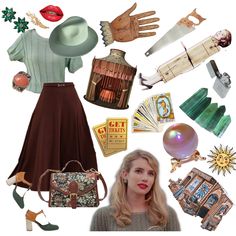 a collage of women's clothing and accessories including hats, gloves, purses