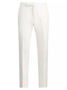 These Polo Ralph Lauren trousers are crafted of breathable linen for a lightweight look. Detailed with a crease front, this tailored design includes four pockets and a zip fly..Crease front.Tab waistband.Side slip pockets.Back welt pockets.Zip fly.100% linen.Dry clean.Made in Portugal.SIZE & FIT.Rise, about 8.75''.Leg opening, about 14.75''.Model measurements: 6’2' tall, 31' waist.Model is wearing a US size 32.For basic alterations and hemming,.book an appointment.online at your local Saks Fifth Tailored White Dress Pants With Welt Pockets, Fitted White Chinos With Straight Hem, White Fitted Chinos With Straight Hem, White Business Casual Pants With Pressed Crease, White Pants With Pressed Crease For Business Casual, Semi-formal White Pants With Welt Pockets, White Flat Front Bottoms For Business Casual, White Dress Pants With Welt Pockets And Straight Hem, Fitted Linen Ankle-length Dress Pants