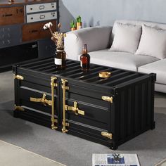 a living room with a couch, coffee table and two trunks on it's sides