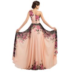 One Shoulder Long Printed Flower Evening Bridesmaid Dress Luxury Asymmetrical Floor-length Dress For Spring, Micheline Pitt, Evening Dresses With Sleeves, Dress Unique, Snake Print Dress, Chiffon Evening Dresses, Floral Print Chiffon, Dress Sleeve Styles, Maxi Gown Dress