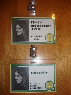 two identification tags attached to a wooden door with clippings on them that read, cherry demeterer kelly class of 1932