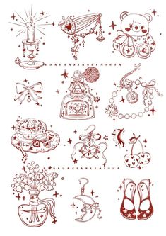 an image of various items in red ink on white paper, with stars and sparkles