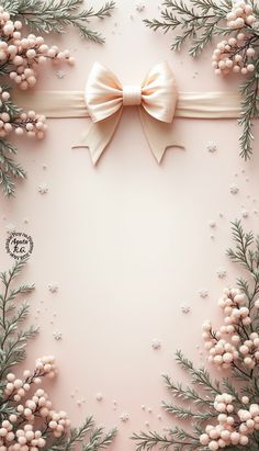 a white bow on top of a pink background with pine branches and berries around it