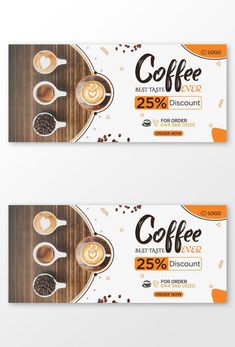 two coupons for coffee with different types of drinks on the wooden table, top view