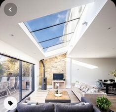 a living room with a skylight and couches